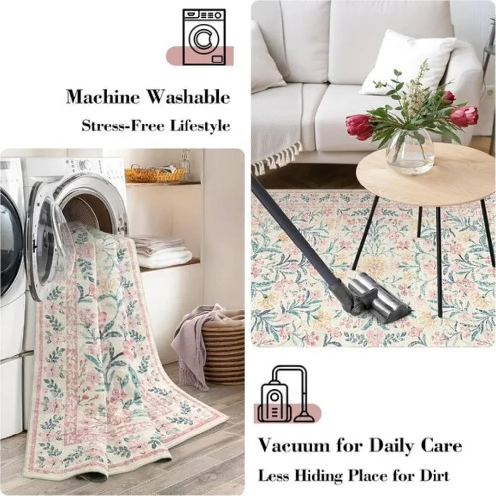 New 5x7 Pink Nursery Area Rug, Washable Non-Slip Floral Carpet for Girls Room